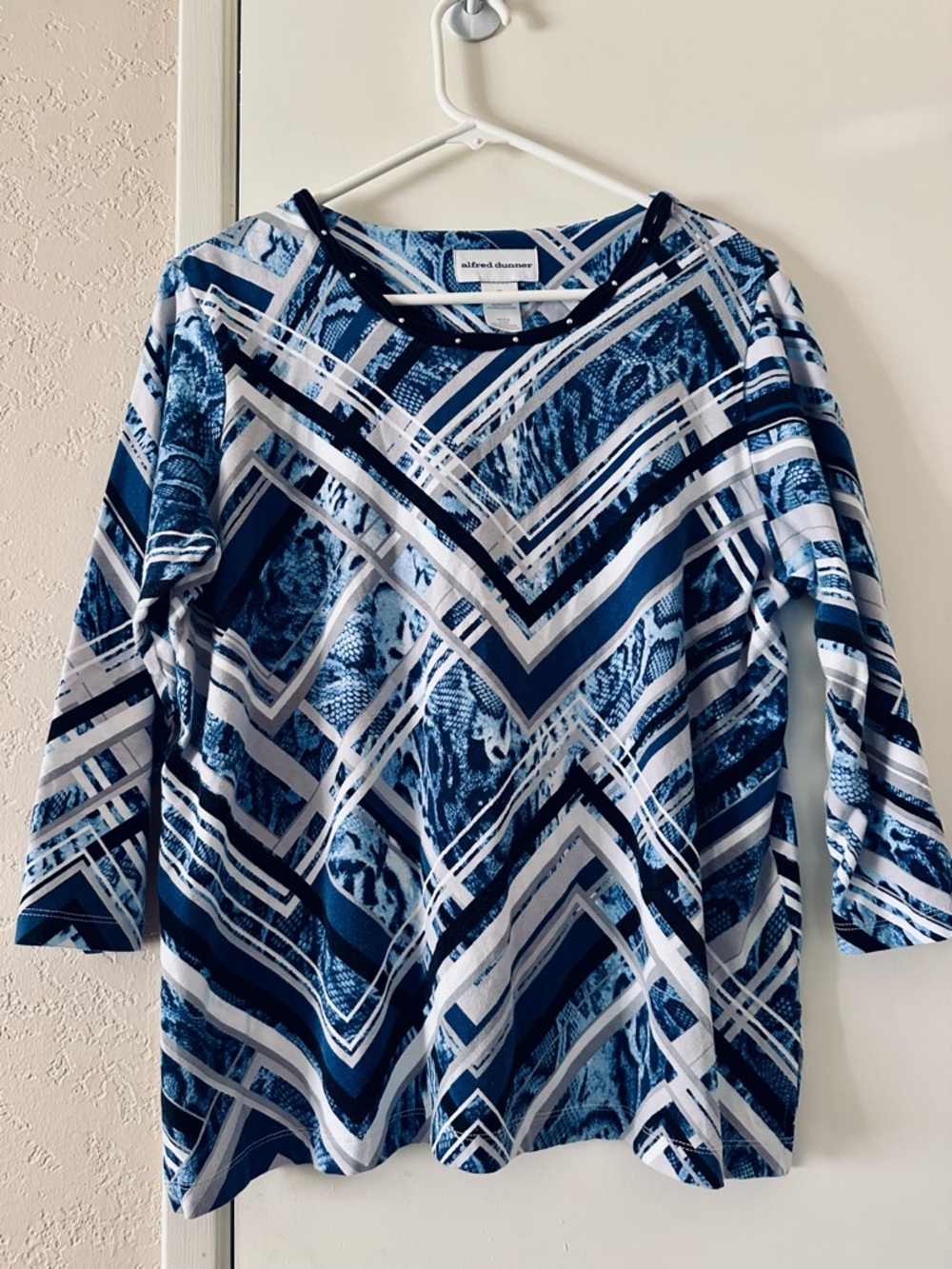 Alfred Dunner Medium Chevron-Stripe 3/4 Sleeve Top Rhinestone Embellished Neck